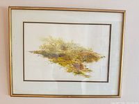 Full view of framed watercolor showing mat and wood frame