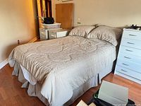 Full bed setup showing comforter, shams, skirt, mattress, boxspring, metal frame