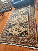 Full view of rug showing pattern, colors and fringe