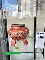 Front view of terracotta tripod footed bowl showing exterior decoration and three feet