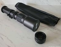 Full view of Opteka 500mm lens with hood, Vivitar converter and pouch