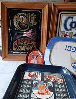 Colt Fire Arms mirror sign, Colt 45 sign edge, round tin sign, partial trays