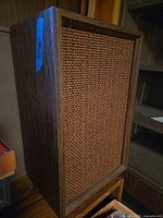 Front angled view of single speaker showing wood veneer cabinet and woven grille