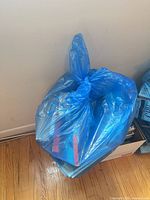 Blue bag tied around assorted books beside a cardboard box containing more books
