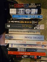 Stack of approximately 13 books showing spines and titles