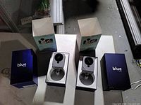 Open boxes showing two identical Blue by ADT outdoor cameras seated in packaging