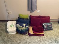 Group view of pillows, throws, placemats and packaged blanket