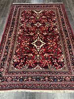 Full view of rug showing central field and borders