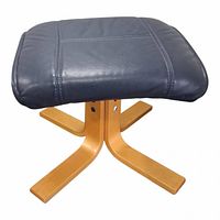 Front view of ottoman showing wood base and faux leather seat