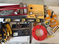 Overview of all measuring tools, levels, squares, tape measures, gloves and hardware