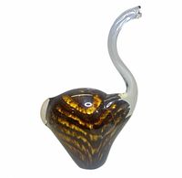 Left-side profile showing amber striped body and clear neck