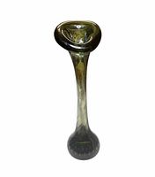 Full view of tall olive green art glass vase