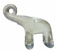 Side view of clear glass elephant figurine showing overall shape, trunk loop, and leg proportions