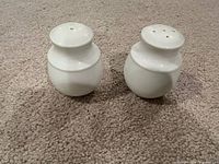 Pair of white ceramic salt and pepper shakers on carpeted surface