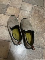 Top view of pair showing suede uppers, elastic gores, heel loops, size indication in footbeds