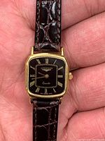 Front view of Longines watch showing dial and strap