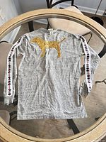 Full view of heather gray long sleeve top with gold sequin logo and sleeve tape detail