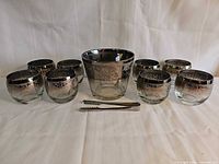 front view ice bucket, 8 tumblers, tongs