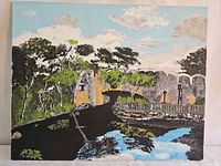Full view of signed acrylic landscape painting on canvas