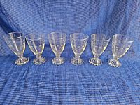Front view of six Anchor Hocking Boopie glasses showing etched circle pattern and overall form