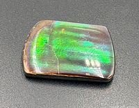 Front view of iridescent ammonite gemstone showing rectangular shape and surface crack