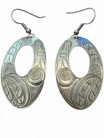 Front view of both sterling silver earrings showing Formline engraving and open-oval shape