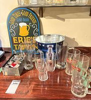 Overall lot showing tavern sign, ice bucket, beer glasses, tray of lighters