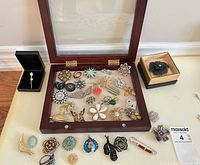 Open glass-top wooden case showing numerous brooches and pins, boxed stick pin at left, boxed flower brooch at right, additional loose pins below