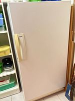 Front view of closed white Kenmore upright freezer with handle on left side