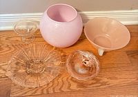 overview of the five depression glass pieces on floor