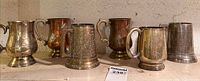 All six metal beer steins on shelf