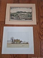 Both prints side by side on floor: H. Thompson farmhouse and E.M. Brigham quarry scenes