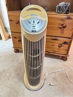 Front view of Honeywell tower fan showing full height and power cord