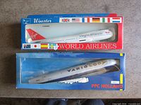 Front view of boxed Wooster Virgin Atlantic model and boxed PPC Holland VarigLOG model