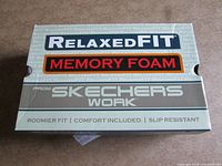 Original Skechers Work shoebox showing Relaxed Fit Memory Foam branding