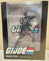 Front of boxed Snake Eyes statue showing clear window and figure pose