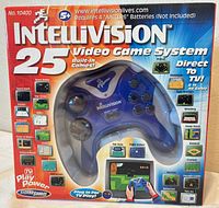 Front of boxed Intellivision 25 system showing controller, branding and features