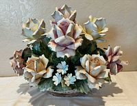 Frontal view of entire porcelain rose basket showing overall form and coloration