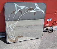 Full view of square mirror showing etched calla-lily design