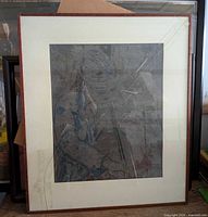 Full view of framed drawing showing mat, wood frame, cracked glass