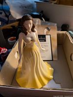 Front angle of figurine in box showing dress, torso and hair detail