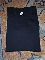 Folded black t-shirt displaying front and size tag