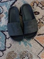 Top view of pair of black slide sandals