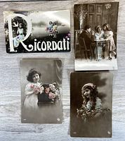 Front view of four postcards: one colour illustrated "Ricordati" and three sepia photographic portraits