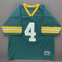 Front view of full jersey displaying number 4, sleeve stripes and collar