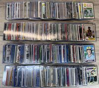 overview of all 280 sleeved baseball cards laid out
