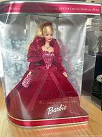 Front view of boxed 2002 Holiday Celebration Barbie doll