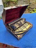 Accordion in open hard case showing straps and interior