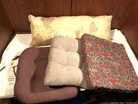 Rectangular beige leaf pillow, brown and gingham cushions, paisley cushion/cover