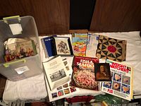 Overview of bin, magazines, record, framed print